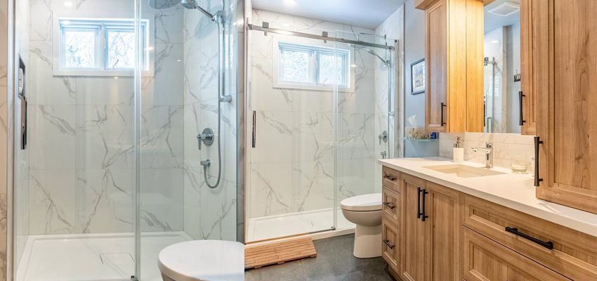 Salle de bain rénovée avec douche en céramique et meuble-lavabo sur mesure