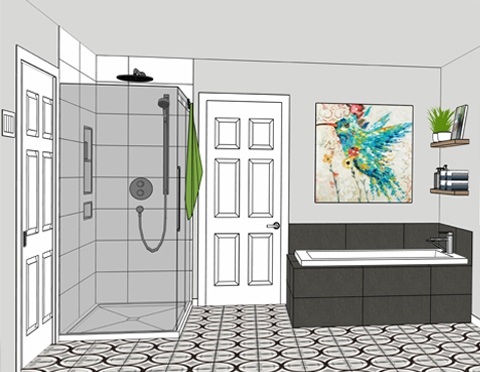 Croquis 3D pour look de salle de bain avant la rénovation